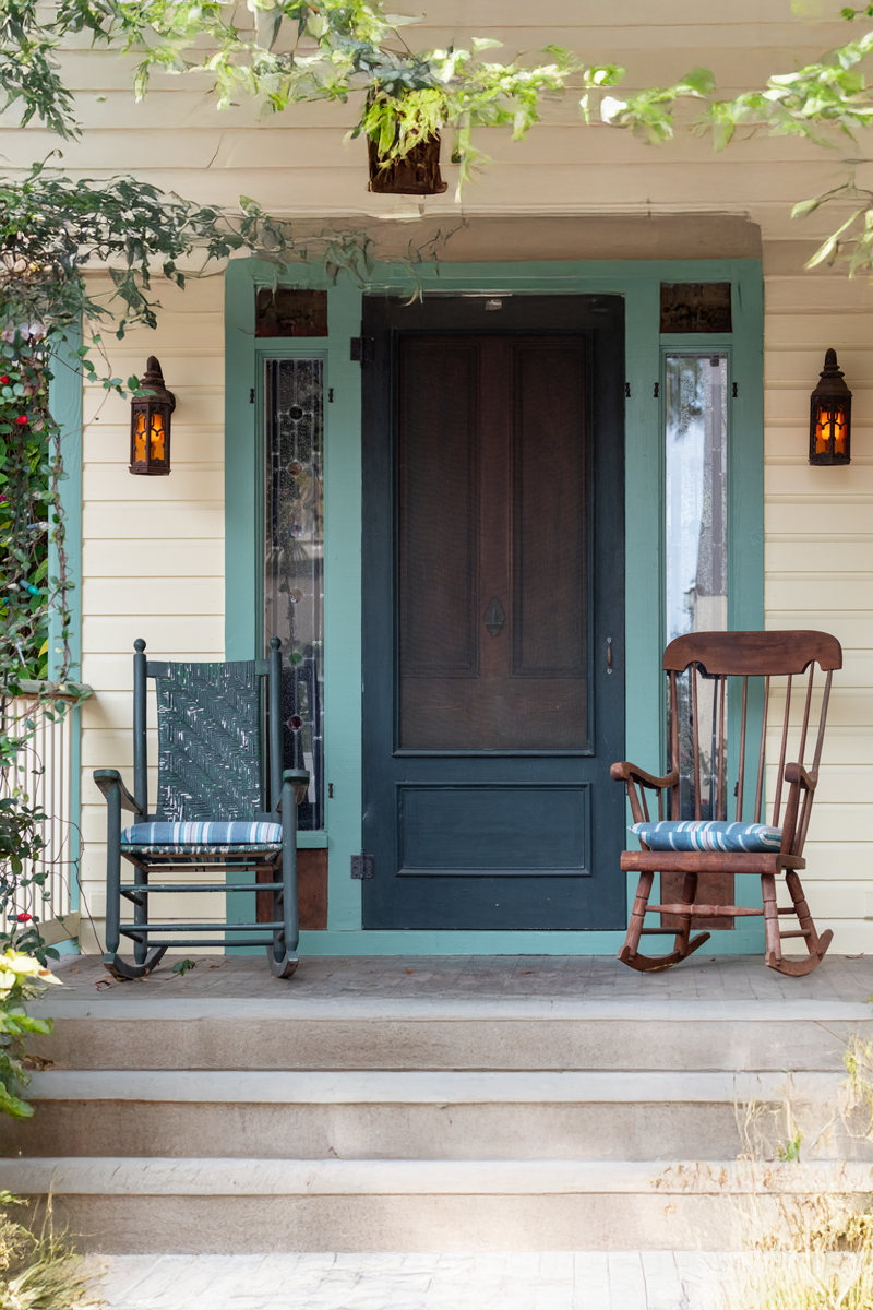 A front porch at dusk
